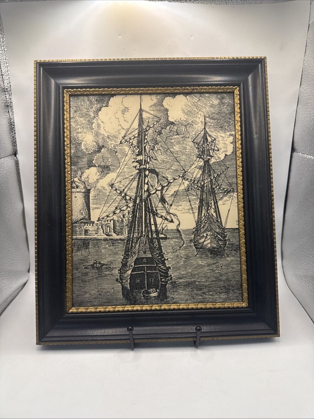 Vintage Nautical Galleon Sailing Ships Engraving Style Framed Wall Art